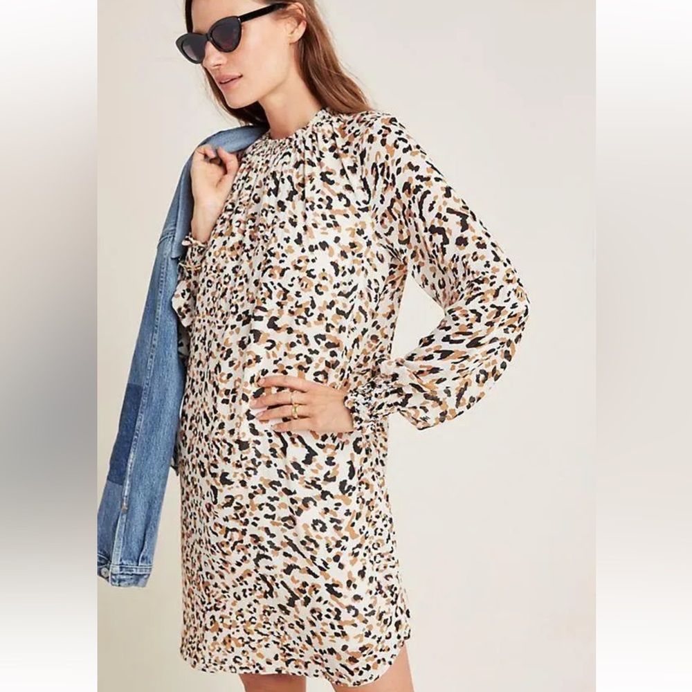 ANTHROPOLOGIE CLOTH & STONE LEOPARD SMOCKED TUNIC DRESS sz XS